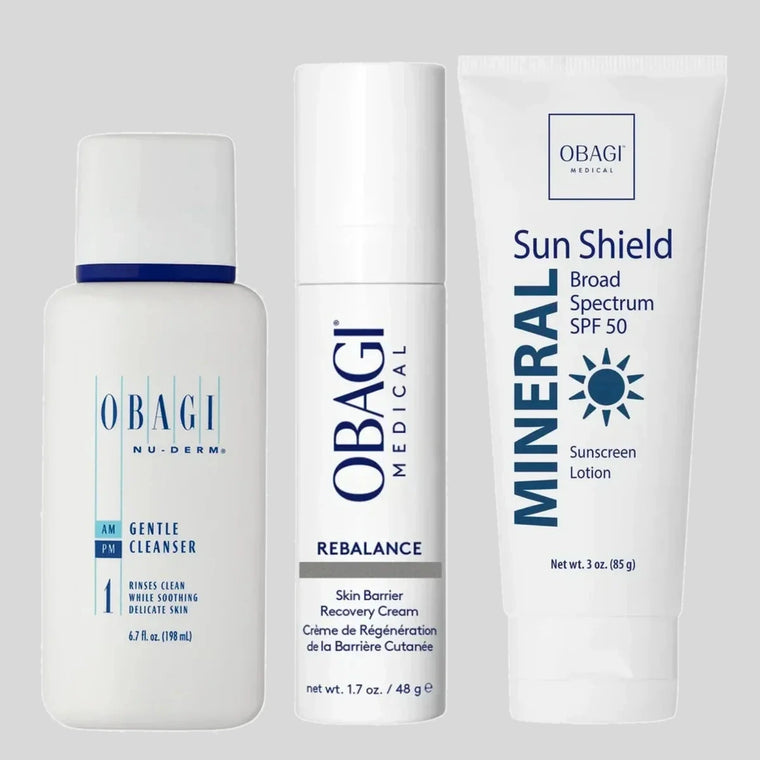 Obagi Post Procedure Kit: Nu-Derm Gentle Cleanser 200ml, Rebalance Skin Barrier Recovery Cream 48g and Sun Shield Mineral SPF50 85g